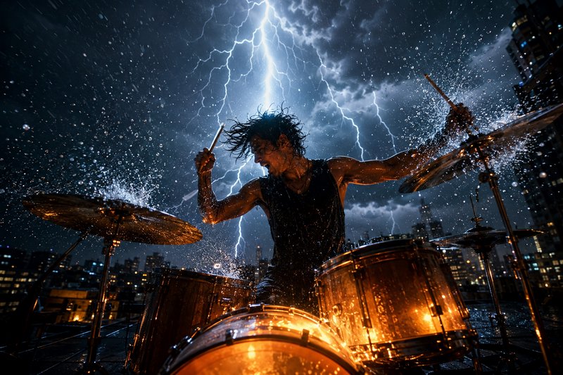 Intense male drummer plays a drum set on a rainy city rooftop under a stormy sky with bright ligh...
