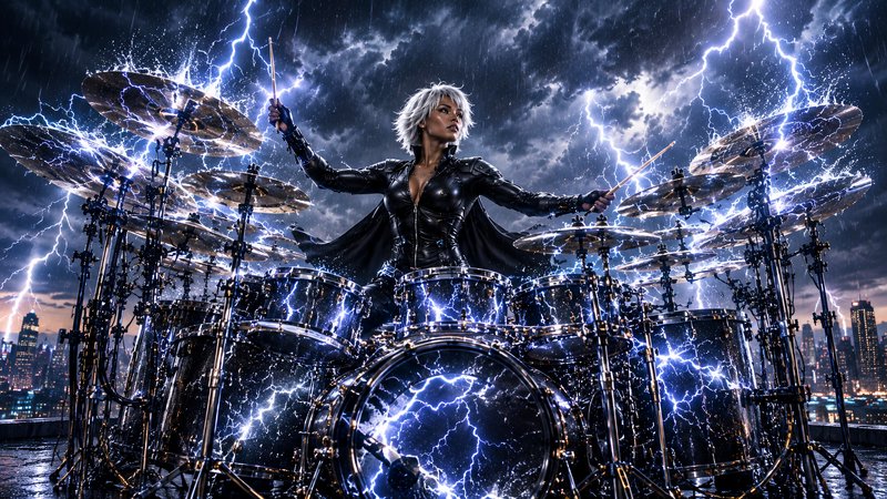 Short silvery haired female drummer plays lightning-infused drum kit on a stormy rooftop above a ...