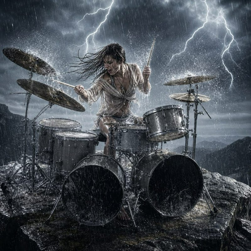 Intense female drummer plays a full drum kit on a rocky cliff amid a thunderstorm with lightning ...