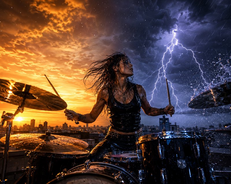 Energetic female drummer plays a rain-soaked drum kit on a city rooftop during a dramatic stormy ...