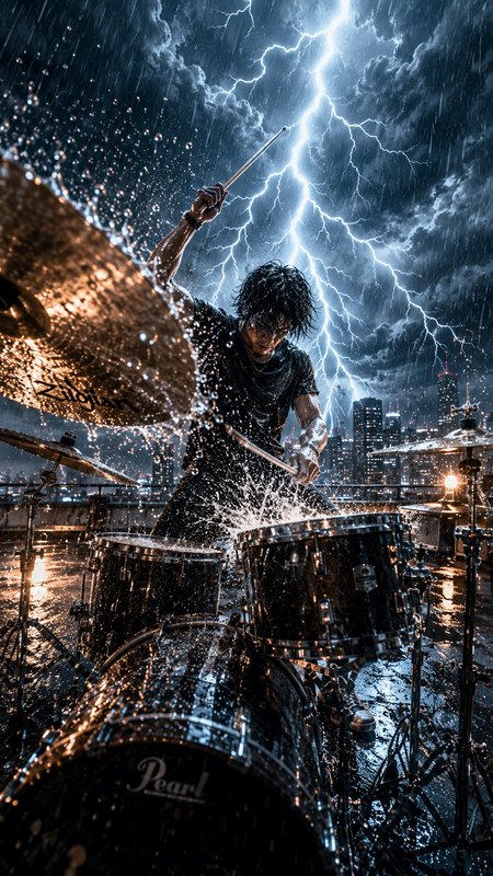 Intense male drummer plays a drum kit on a rainy rooftop, as lightning strikes above a glowing ni...