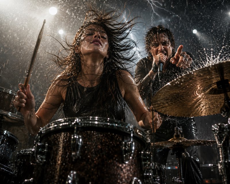 Intense wet female drummer plays mid-performance as a male rock vocalist sings, splashing rain fa...