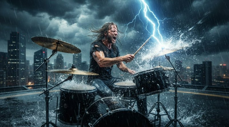 Intense long-haired heavy metal drummer plays drums on a rainy city rooftop as lightning strikes ...