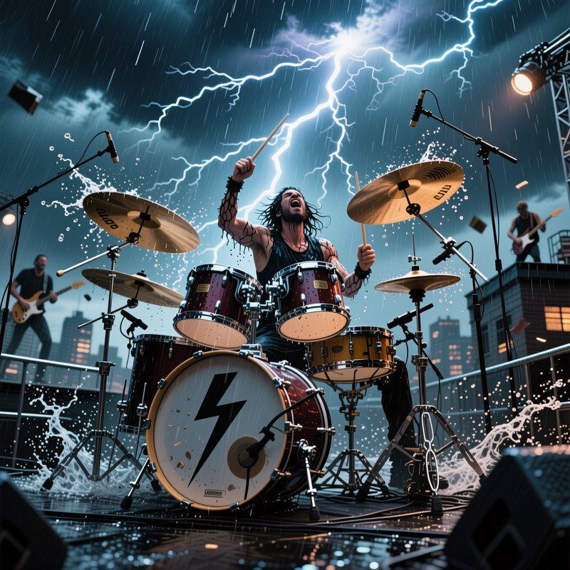 Energetic rock drummer plays a drum kit on a rooftop stage during a thunderstorm, bright lightnin...