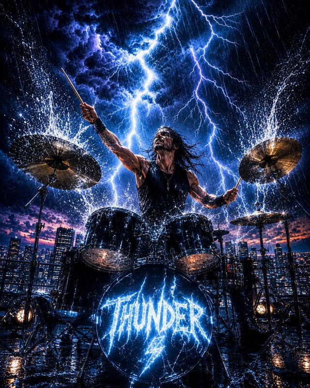 Heavy metal drummer plays drum kit on a rainy rooftop under a lightning storm, glowing "Thunder" ...