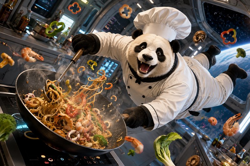 Anthropomorphic panda chef in a toque floats weightless, tossing stir fry in a wok inside an orbi...