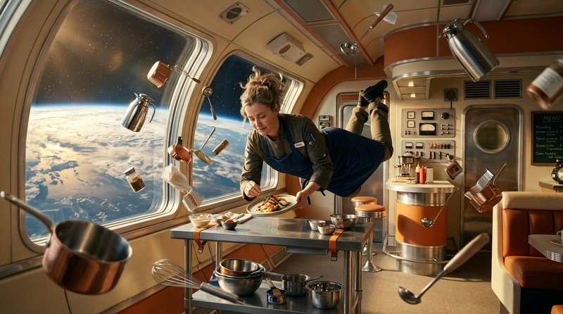Female chef floats weightless in a space station galley, plating food as cookware drifts around h...