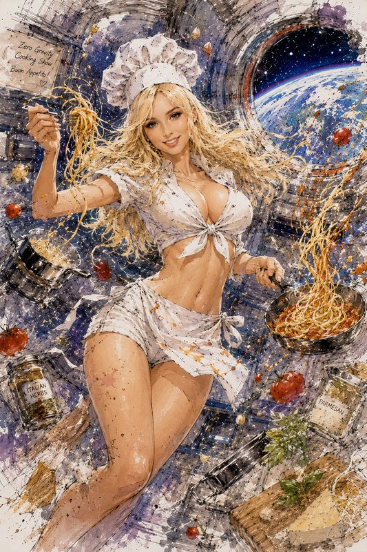 Smiling blonde female chef in a toque cooks floating spaghetti in zero gravity inside a space sta...