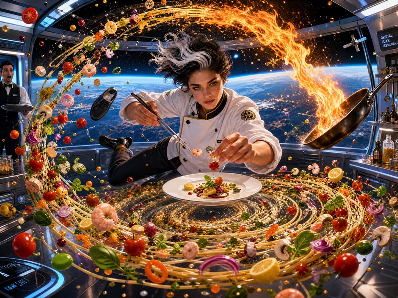 Weightless female chef plates a gourmet dish in a zero-g space station restaurant, floating ingre...