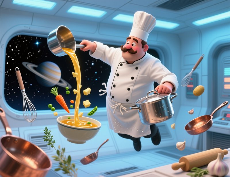3D cartoon chef floats in zero-gravity spaceship kitchen pouring soup, with floating ingredients ...