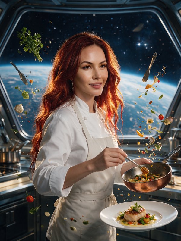 Smiling red-haired female chef cooks in a space station galley, with zero-g floating ingredients ...