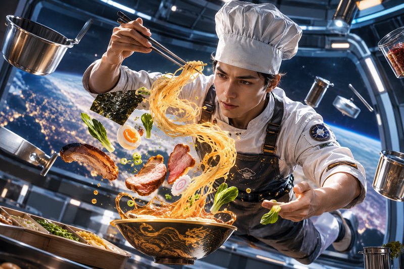 Zero-gravity chef in a space station lifts floating ramen noodles with chopsticks, as ingredients...