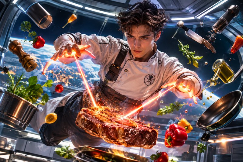 Young futuristic chef floats in a space station zero-gravity kitchen, searing steak with glowing ...