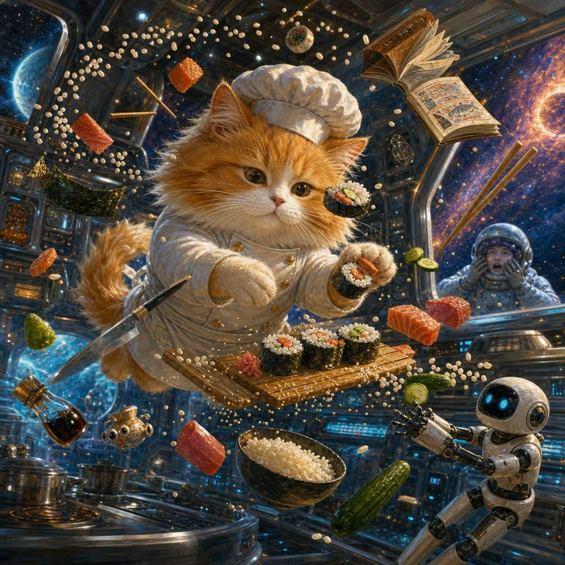[Fluffy orange cat chef floats weightless making sushi in a zero-g spaceship galley, with astronaut and robot onlookers]