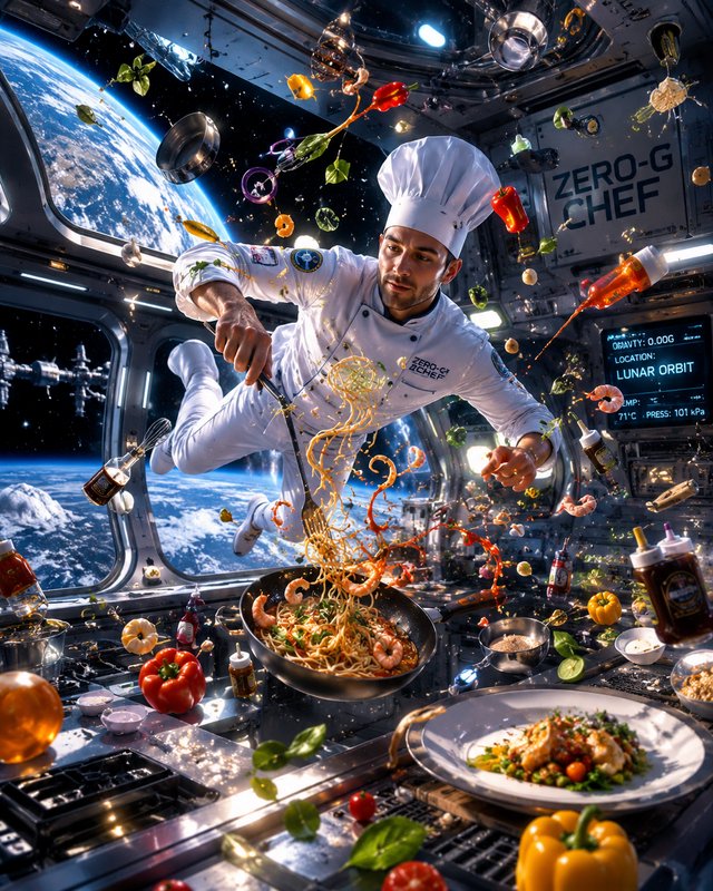 Weightless chef floats in a space station kitchen, cooking pasta as ingredients drift, Earth visi...