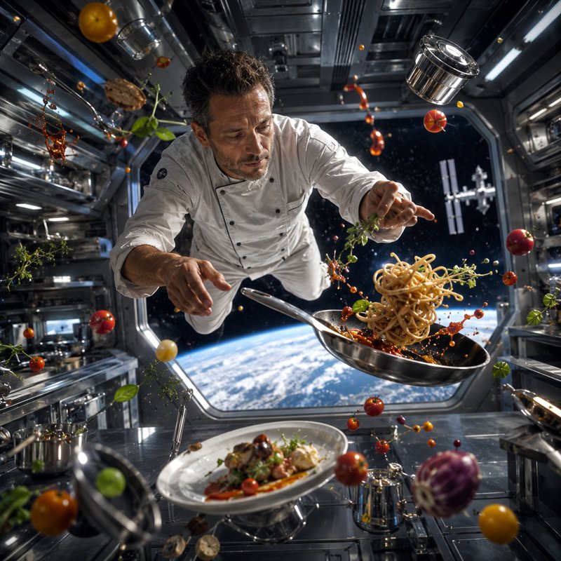 Weightless chef cooks pasta in a space station galley, zero gravity suspends ingredients, Earth v...