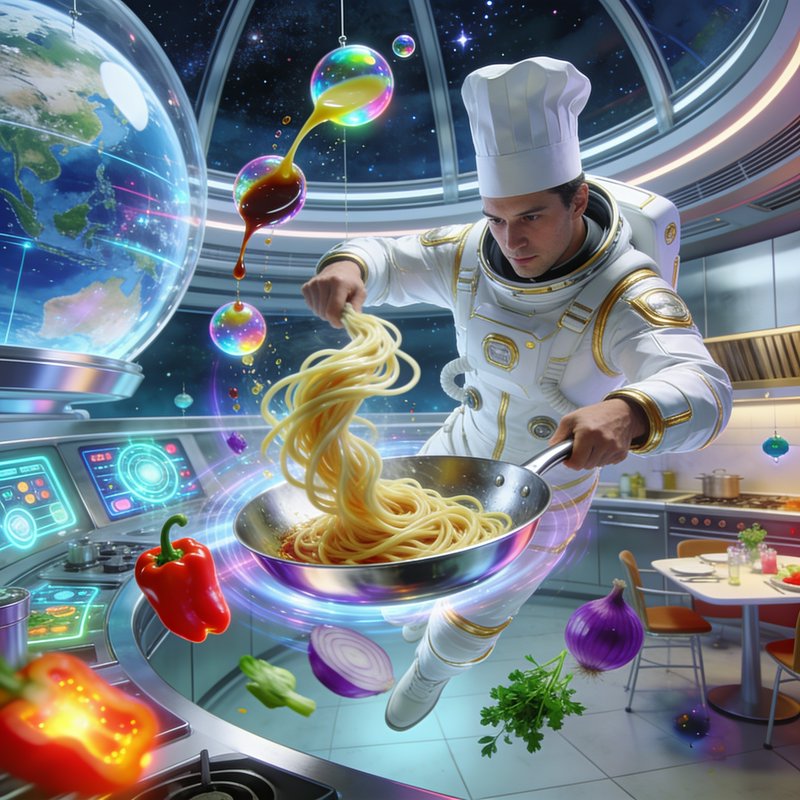 Astronaut chef in a chef toque cooks floating spaghetti in a zero-gravity space station kitchen, ...
