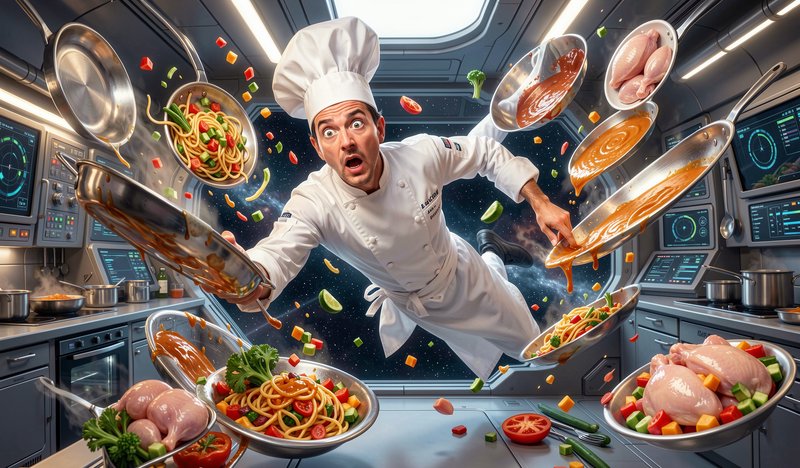 Surprised floating chef experiences zero-g chaos in a futuristic space station kitchen with flyin...