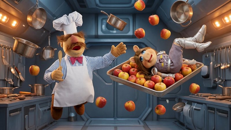Floating Muppet chef and pig character drift with flying apples and cookware in a zero-gravity sp...