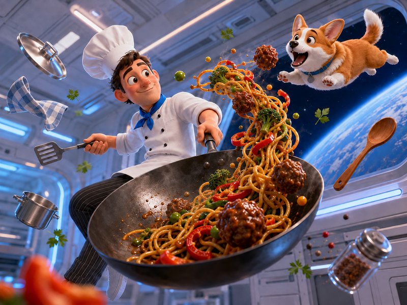Animated cartoon chef holds a wok of floating spaghetti, as an excited corgi floats in zero gravi...
