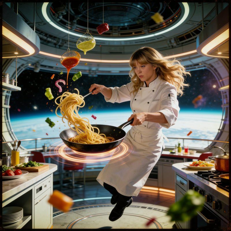 Female chef cooks floating spaghetti in zero gravity aboard a futuristic space station kitchen ov...
