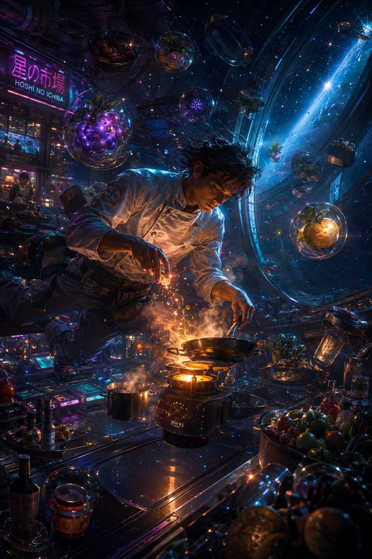 [Floating zero-gravity chef cooks in a glowing futuristic space station market with a starry outer space view.]