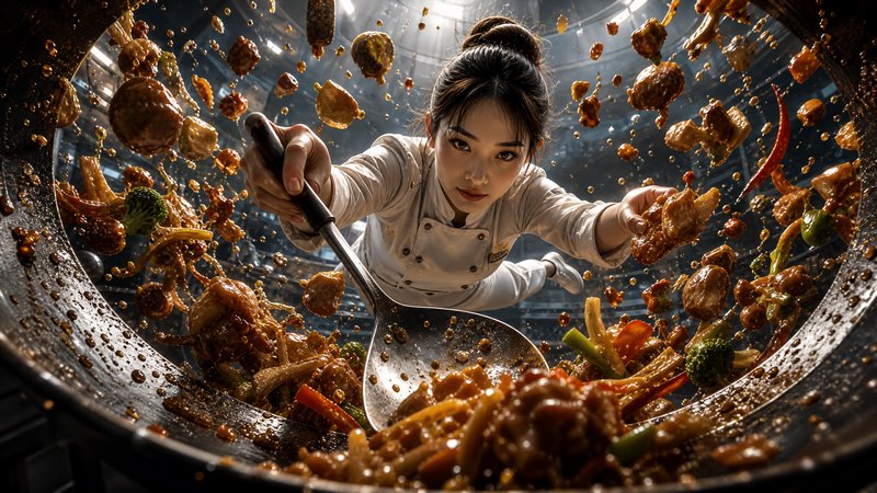 Fisheye POV from inside a wok shows a female chef dynamically tossing saucy stir fry ingredients ...