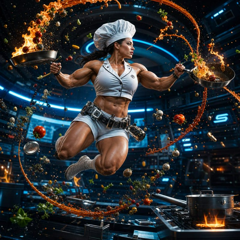 Muscular female chef leaps mid-air holding flaming frying pans in a neon futuristic kitchen with ...