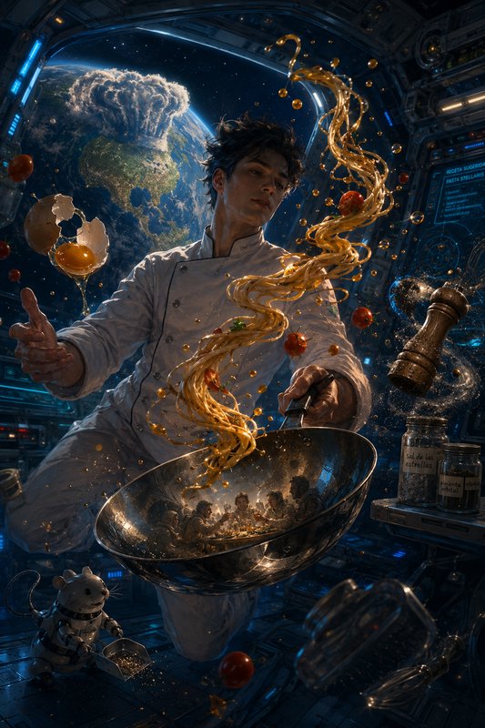 Zero gravity chef cooks floating spaghetti inside a space station, with planet Earth visible thro...