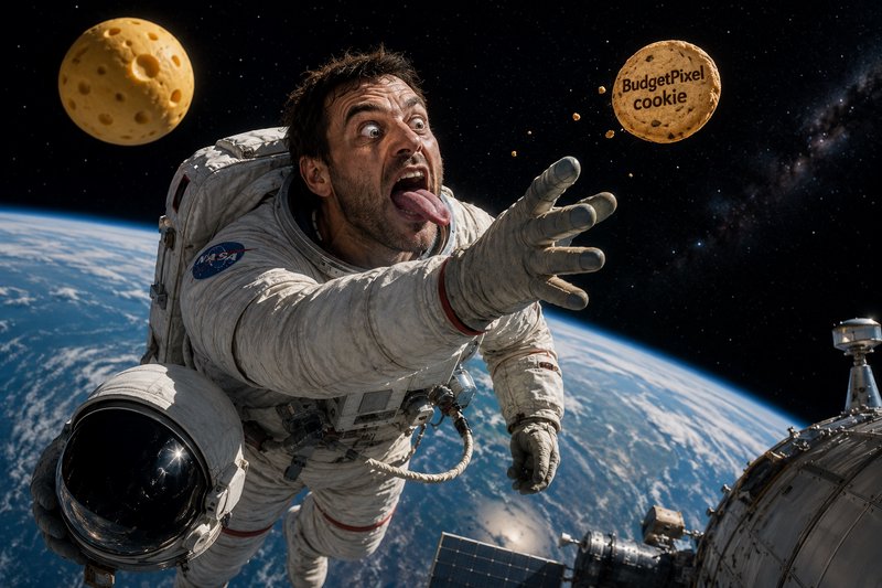 Comedic unhelmeted astronaut floats in space reaching for a floating cookie beside a Swiss cheese...