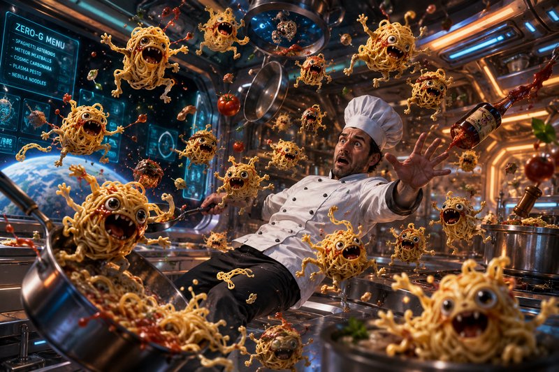 Panicked weightless chef in a zero-g space station kitchen surrounded by swarming sentient spaghe...