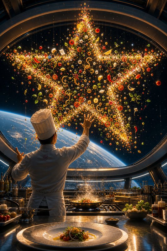 Back view of a chef in an orbital space station kitchen reaching for a glowing floating food cons...
