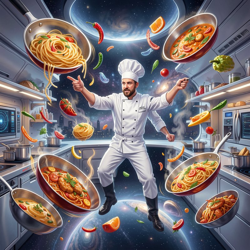 Surreal weightless chef juggles levitating pasta pans in a futuristic space station kitchen with ...
