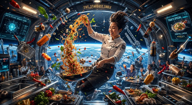 Smiling chef cooks floating stir-fry noodles in zero gravity inside space station restaurant as g...