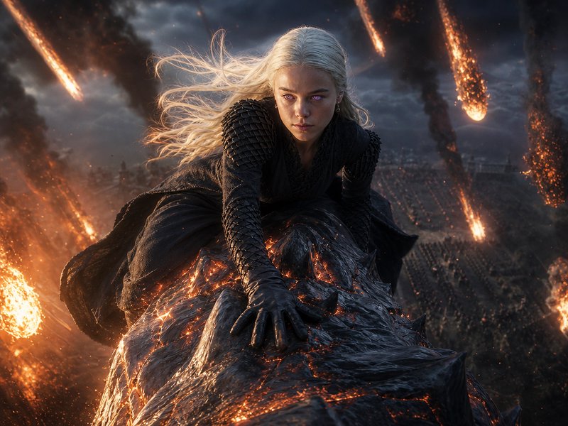 Platinum blonde Targaryen queen rides lava-scaled dragon over a battlefield amid falling fiery meteors
