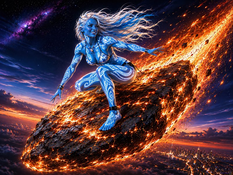 Blue-skinned fantasy woman with glowing tattoos crouches atop a flaming streaking meteor above a ...