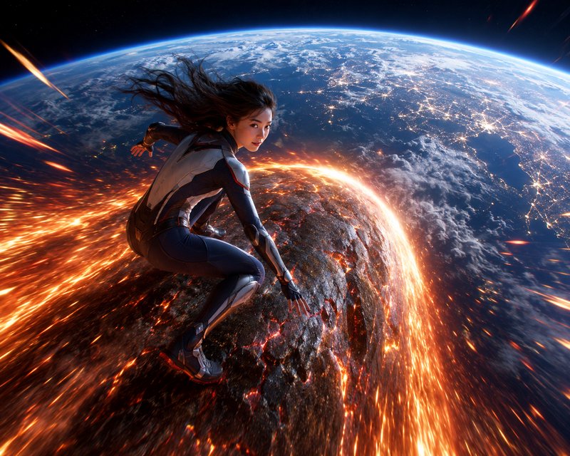 [Futuristic female superhero crouched on a fiery streaking meteor flying above planet Earth in outer space]