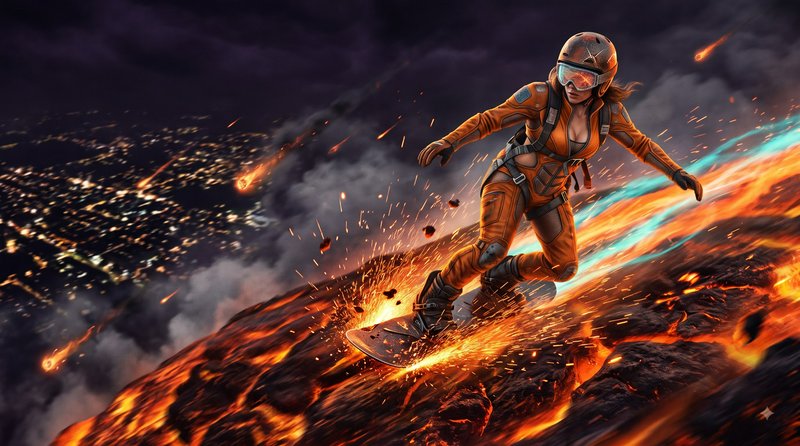 [Futuristic female athlete in orange protective gear boards down a molten volcano slope as meteors fall over a distant glo...