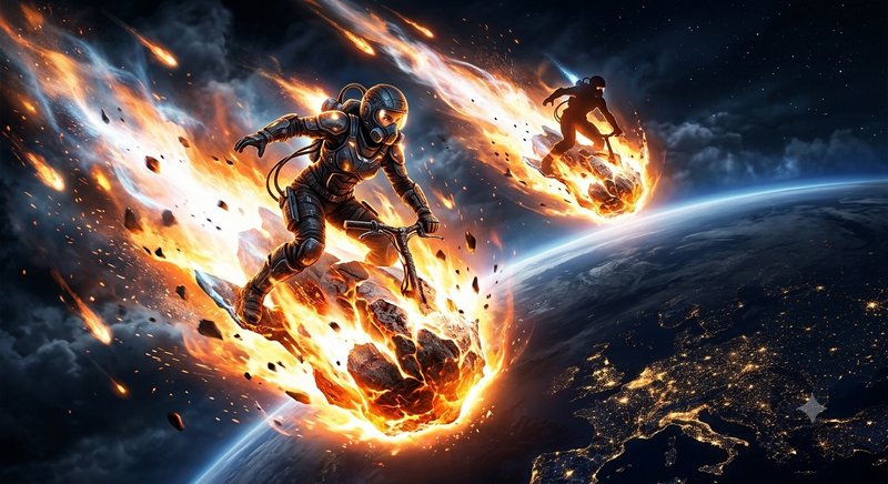 Two futuristic astronauts ride flaming meteors like bikes, hurtling through outer space above glo...