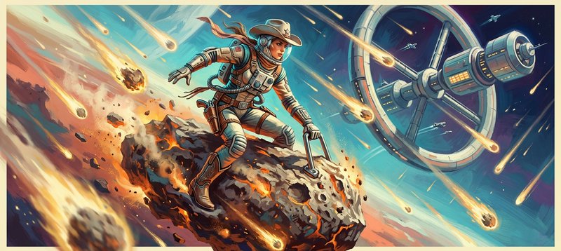 Retro-futuristic space cowgirl in a spacesuit rides a fiery meteor past an orbital station during...