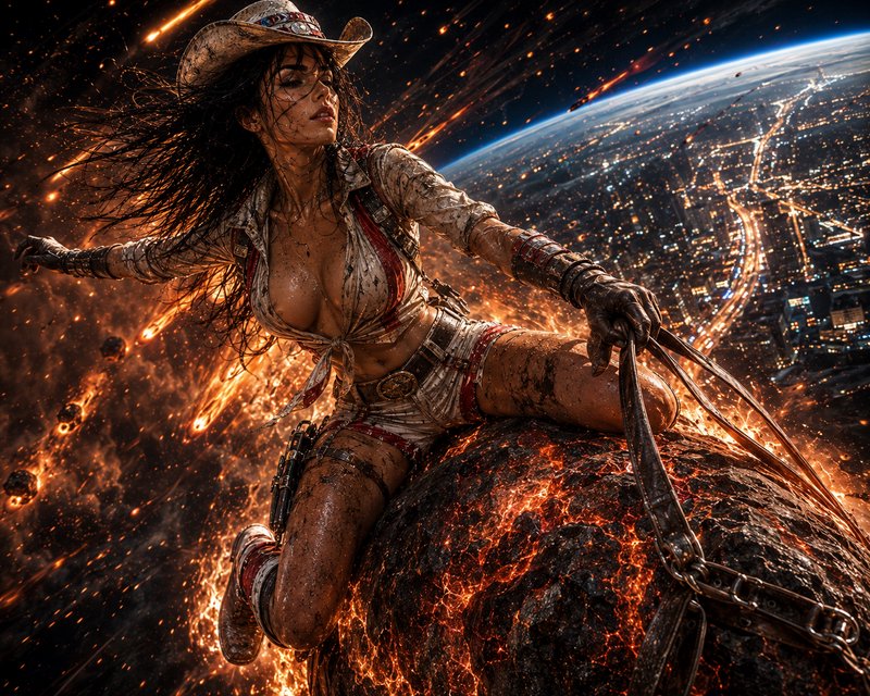 Hyperrealistic sci-fi cowgirl riding a fiery meteor through space above a lit planet Earth during...