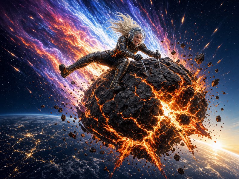 Fierce blonde astronaut clings to a fiery cracking meteor hurtling through colorful outer space a...