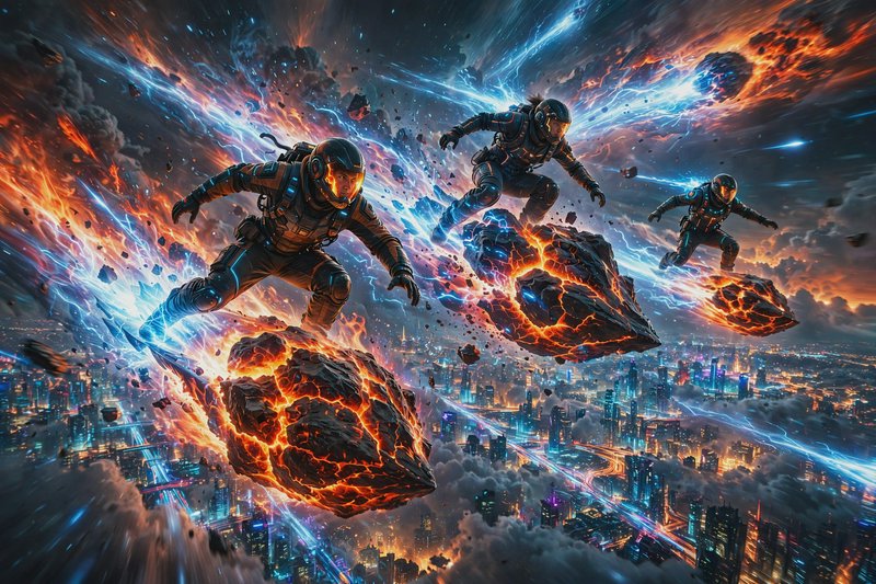 Three futuristic astronauts ride glowing lava meteors streaking over a neon cyberpunk city during an explosive cosmic event.