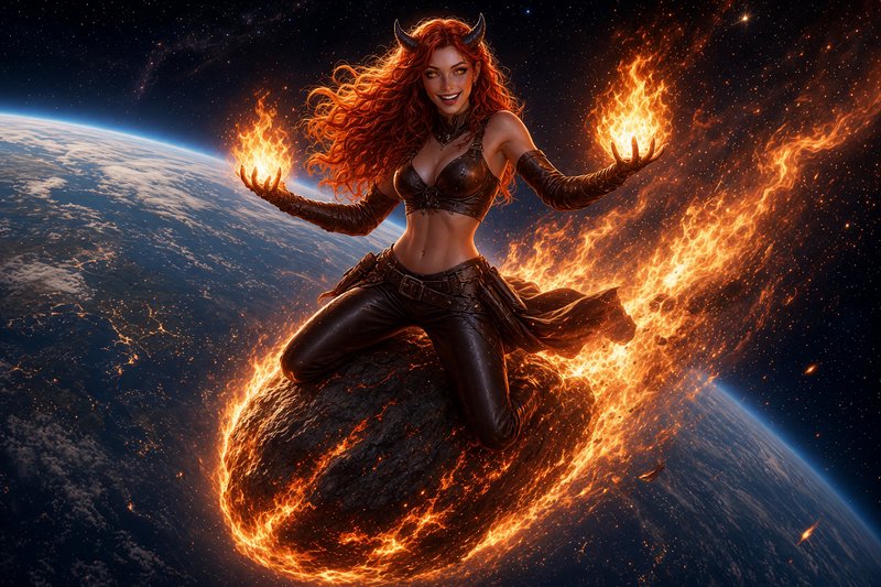 Horned red-haired fire sorceress kneels on a burning meteor holding flame orbs above Earth in out...