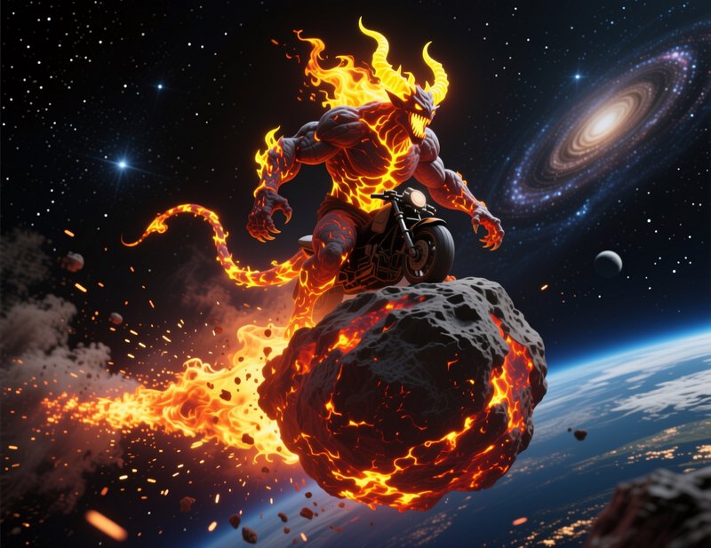 Fiery horned lava demon riding a motorcycle atop a burning meteor floating in starry outer space ...