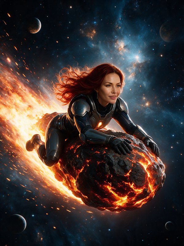 Red-haired woman in a futuristic armored spacesuit rides a flaming molten meteor streaking throug...