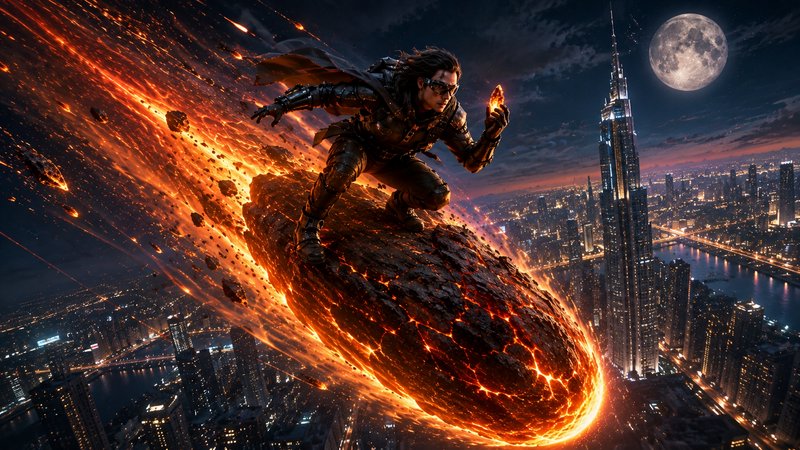 [Armored futuristic hero crouches on a flaming streaking meteor high above a glowing night city under a full moon]