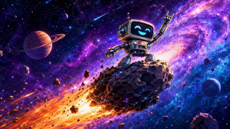 Cheerful retro robot gives a peace sign while standing on a fiery flying asteroid in vibrant deep...
