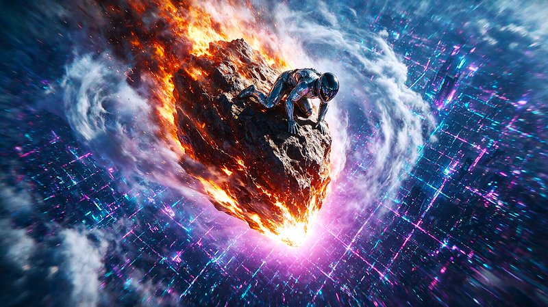 [Shiny chrome astronaut crouches on a flaming falling meteor streaking over a neon futuristic digital landscape]