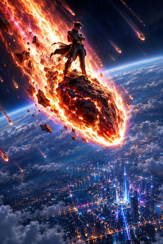 Armored fantasy superhero stands atop a flaming falling meteor, high above a glowing futuristic city seen from Earth orbit.